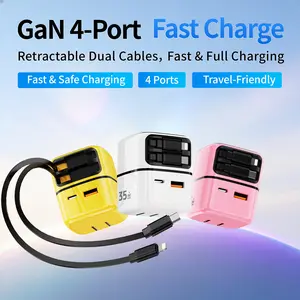 [Local Warehouse] 35W 4-in-1 Retractable Gallium Nitride Wall Charger with 2.5ft Retractable Type-C and Lightning Cables - Compatible with iPhone, iPad, Apple Watch, etc. - Compatible with Portable Chargers, Smartwatches, iPhone 15 Pro Max Charger