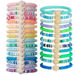 28pcs Handmade Polymer Clay Beaded Stretch Bracelets Suitable for Men & Women - Bohemian Beach Turtle with Pastel Colors, Stackable Soft Durable Summer Jewelry for,,,, Casual Vacation Gift
