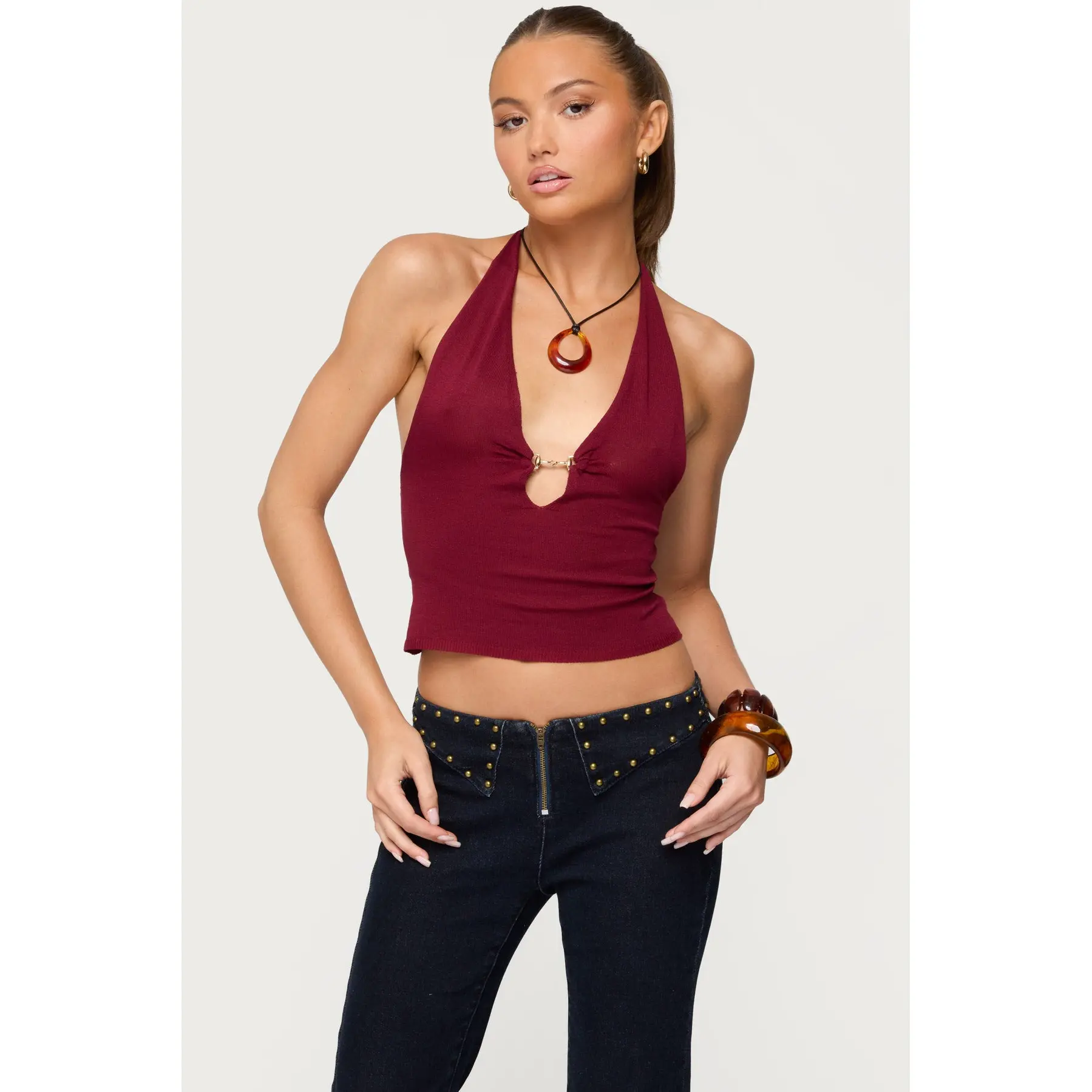 Missie Knitted Plunge Neck Halter Top