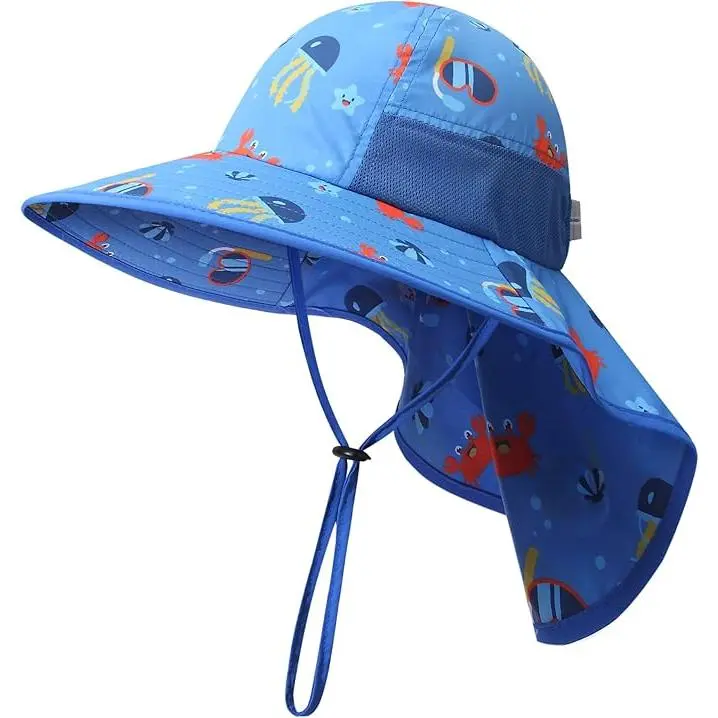 BHC43 Sun Hat UPF50+ Sun Protection Bucket Hat Toddler Summer Beach Play Hats with Neck Flap for Girl Boy Ages 3~10
