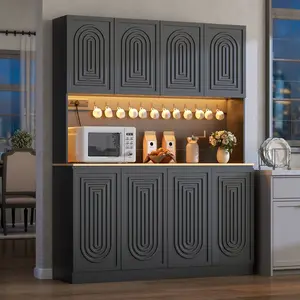 Gyfimoie 71" Tall Kitchen Pantry with Power Outlet & LED Light, 48“ Wide Kitchen Hutch Cabinet with Adjustable Shelf, LargeModern Buffet Cabinet with 8 Doors, Food Pantry Storage with 8 Doors