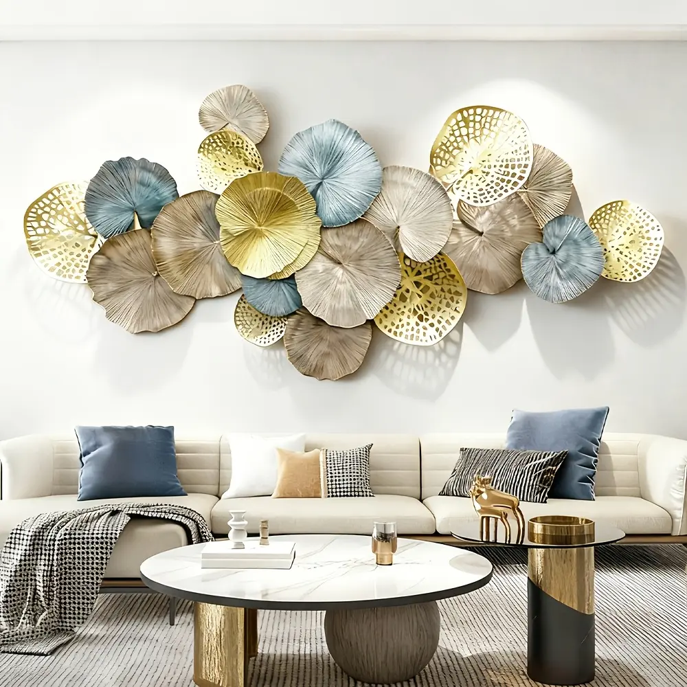 3D Metal Wall Art - 52x25in Large Iron Metal Wall Art Decor, 3D Abstract Lotus Leaves Wall Decor, Modern Luxury Wall Sculpture For Indoor Outdoor Living Room, Dining Room Bedroom Background Decoration