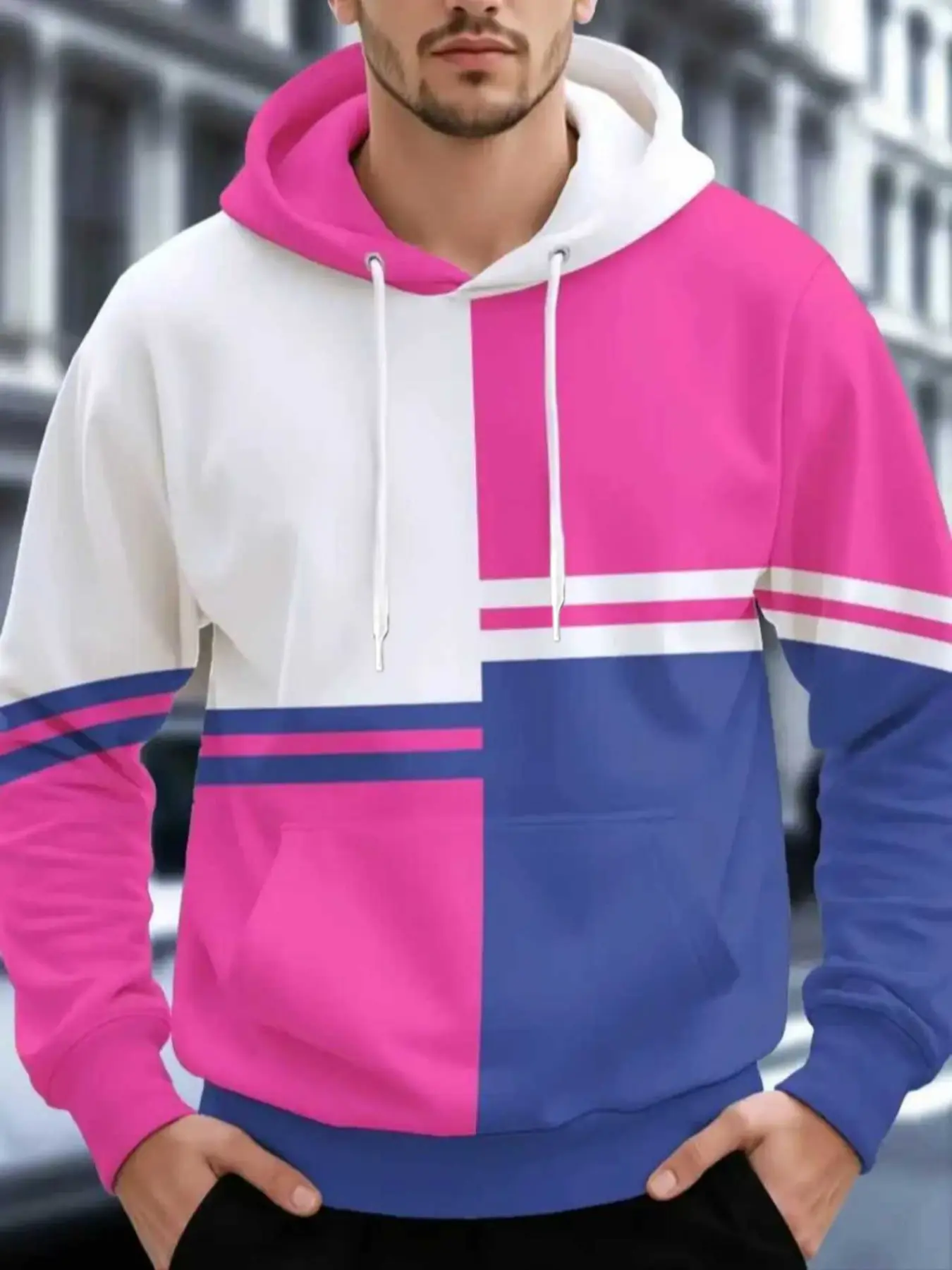 Men's Blue Colorblock Hoodie, Soft Comfortable Fabric, Full Zipper Design, Casual Streetwear, Trendy Pullover