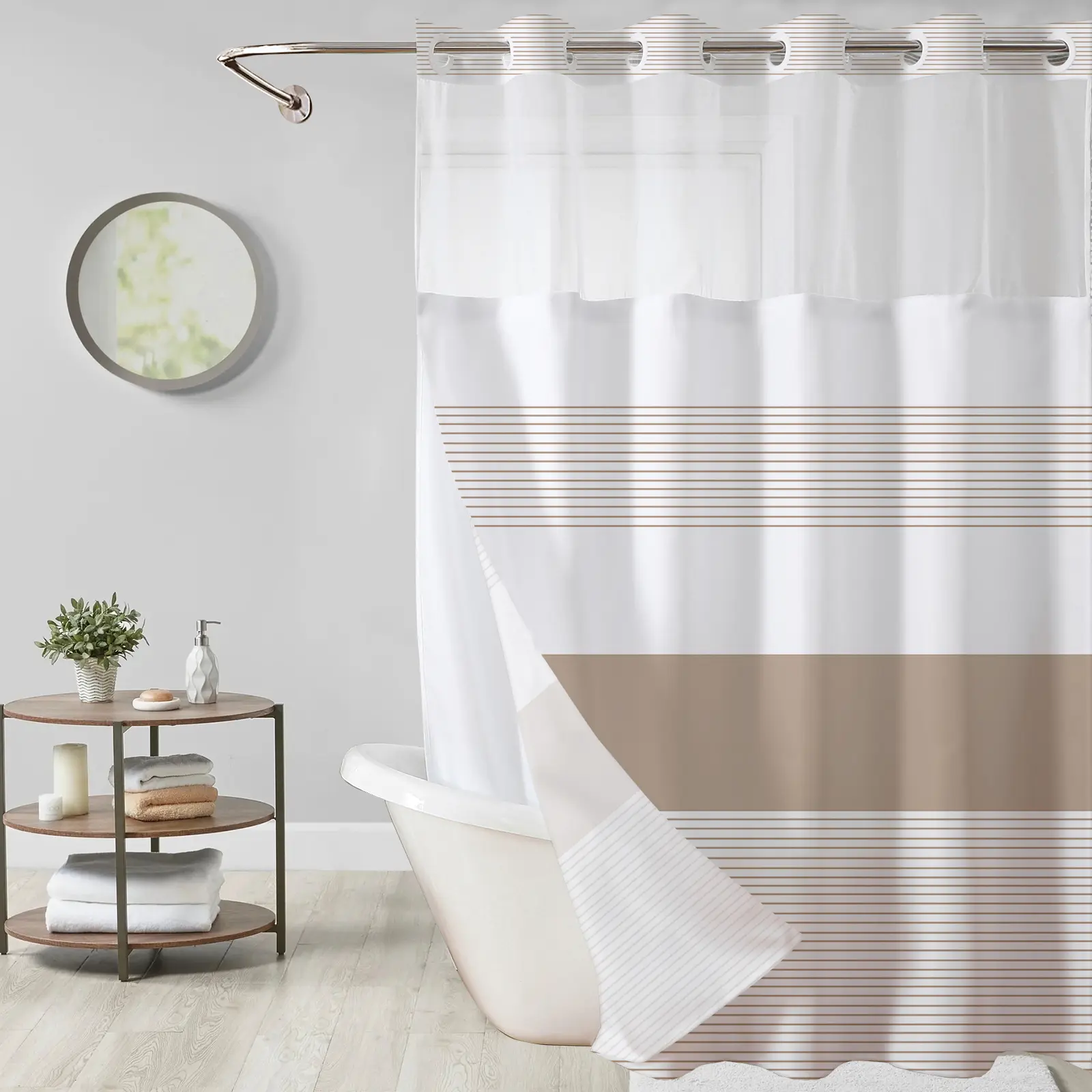 Striped geometric double-layer shower curtain, mesh top window, hook-free design, easy installation, farmhouse, hotel, modern home decoration, 72x75in