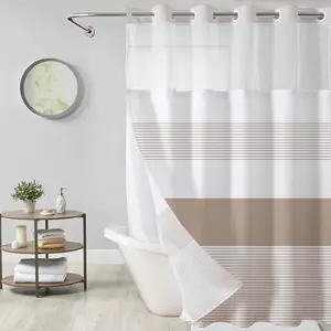 Striped geometric double-layer shower curtain, mesh top window, hook-free design, easy installation, farmhouse, hotel, modern home decoration, 72x75in