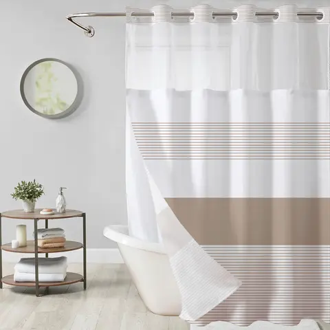 Striped geometric double-layer shower curtain, mesh top window, hook-free design, easy installation, farmhouse, hotel, modern home decoration, 72x75in