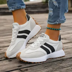 Women's low-top sneakers - lace-up casual shoes with PU cushioned soles, suitable for everyday wear, workouts, and office attire, featuring a comfortable year-round design with stylish striped patterns