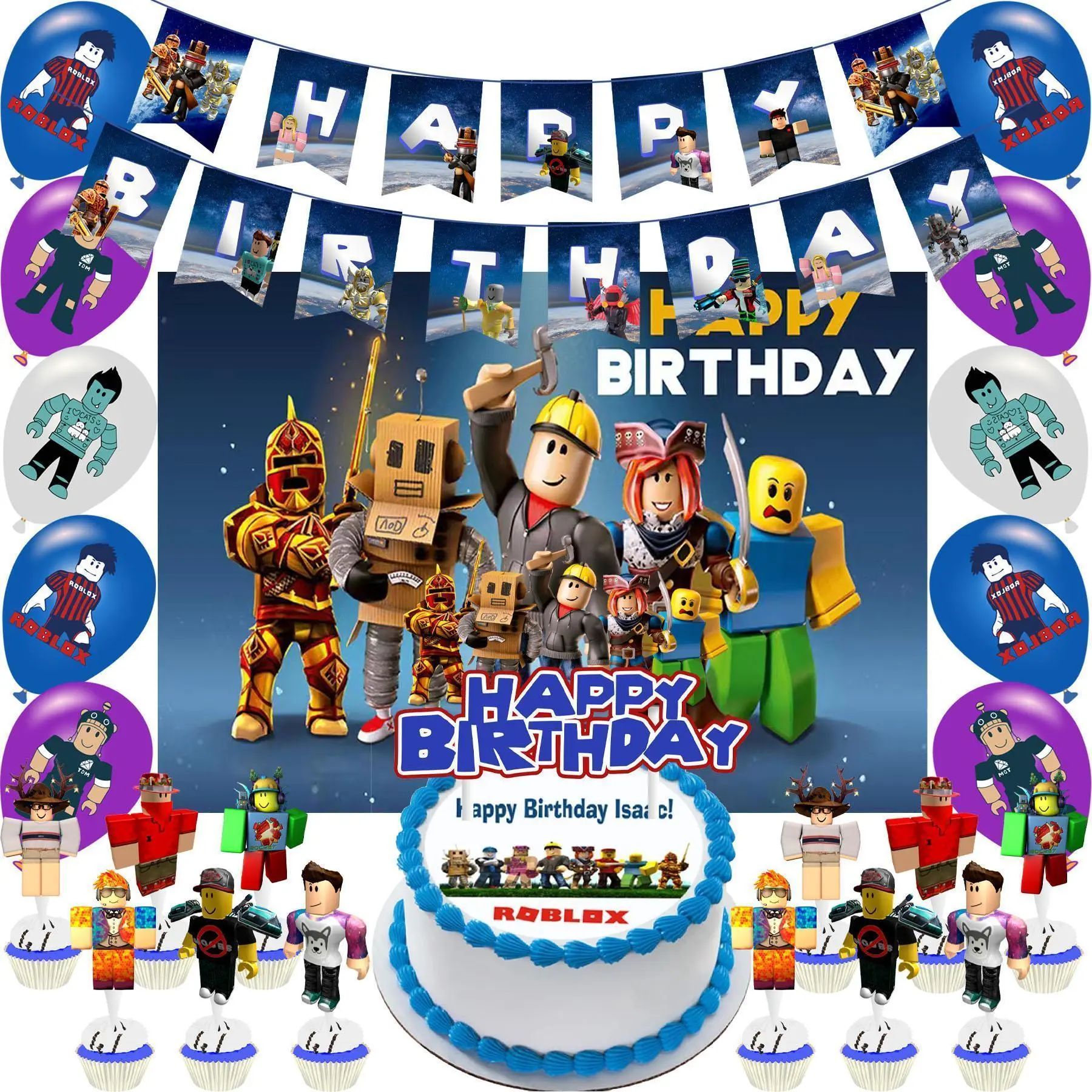 Roblox Birthday Party Decorations Kit - Pre-Assembled Large Banner, Balloon Decor, Colorful Balloons Assortment, Character Prints, Cake Toppers, Cupcake Toppers for Kids Fans.Halloween gift