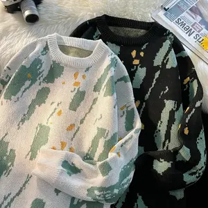 Autumn Men's Retro Distressed Print Sweater Fashion Hip Hop Streetwear Mens Christmas jumpers y2k Clothes pull de noel sweters