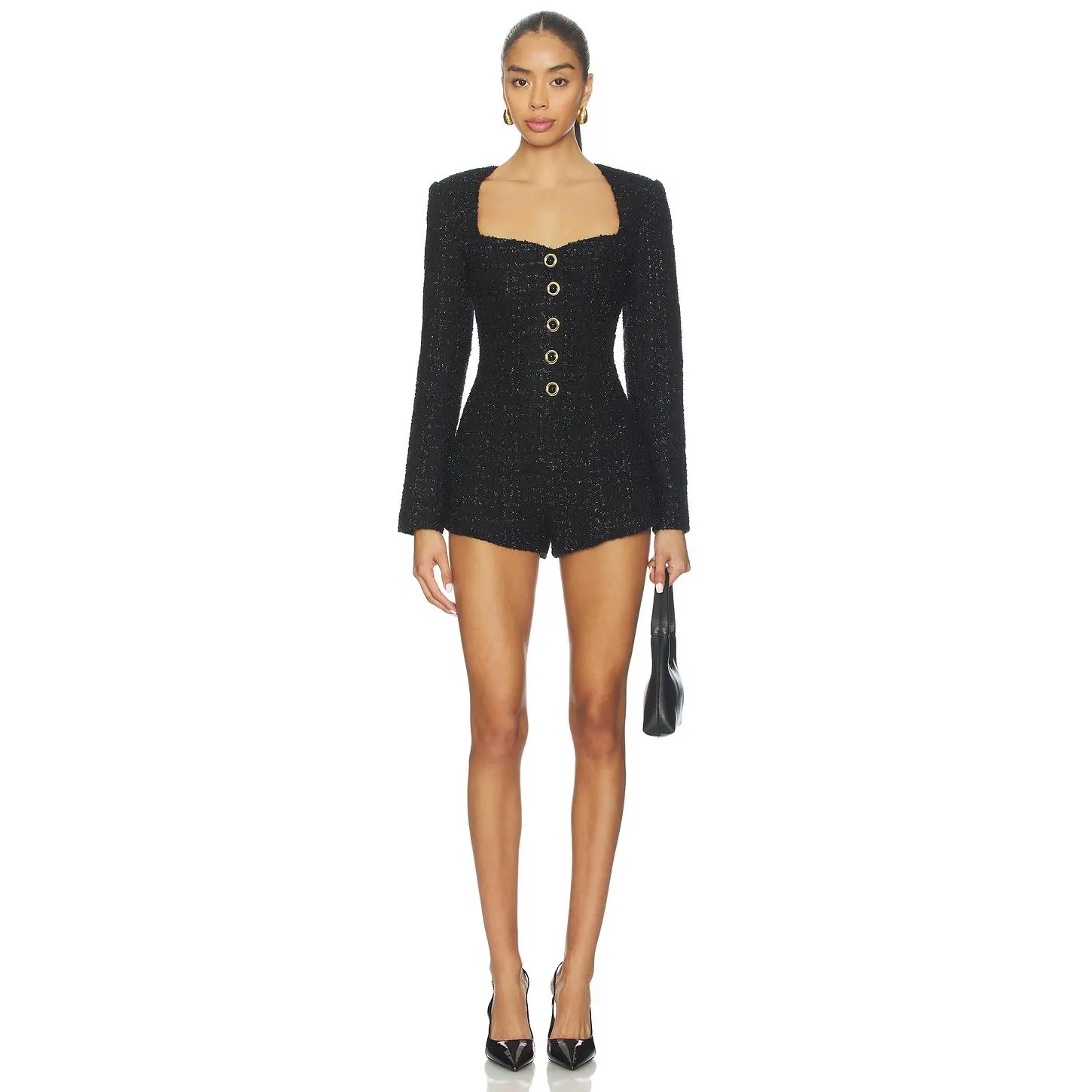 MAJORELLE Selene Tweed Romper in Black Metallic