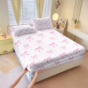 3 Pcs Pink Bow Print Fitted Sheet Set,Bedding Supplies,Soft & Breathable Microfiber Fabric,Digital Print Design,Deep Pocket for Secure Fit,Ideal for Bedroom & Dorm Decor,All-Season Use,Great Gift for Pink Aesthetic Lovers