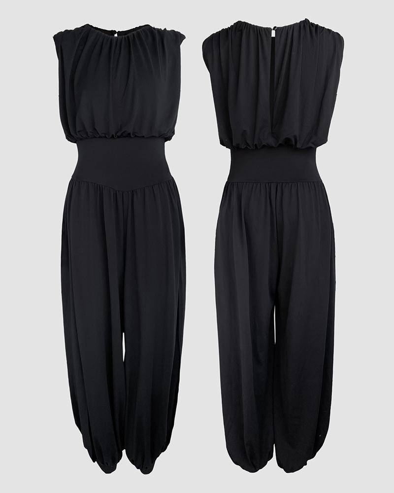 ChicMe Women's Padded Shoulders Sleeveless Cinched Basque Waist Side High Slit Overalls Casual Hollow-out Back Wedding Guest Ruched Jumpsuit ChicMe Women's Padded Shoulders Sleeveless Cinched Basque Waist Side High Slit Overalls Casual Hollow-out Back Wedding Guest Ruched Jumpsuit