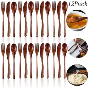 24 Pack Wooden Spoon Fork Knife set,Portable Wood Lunch Silverware Set,Reusable Wood Utensils,Kitchen Wood Dinner Flatware Tableware Set,for Home Dinner