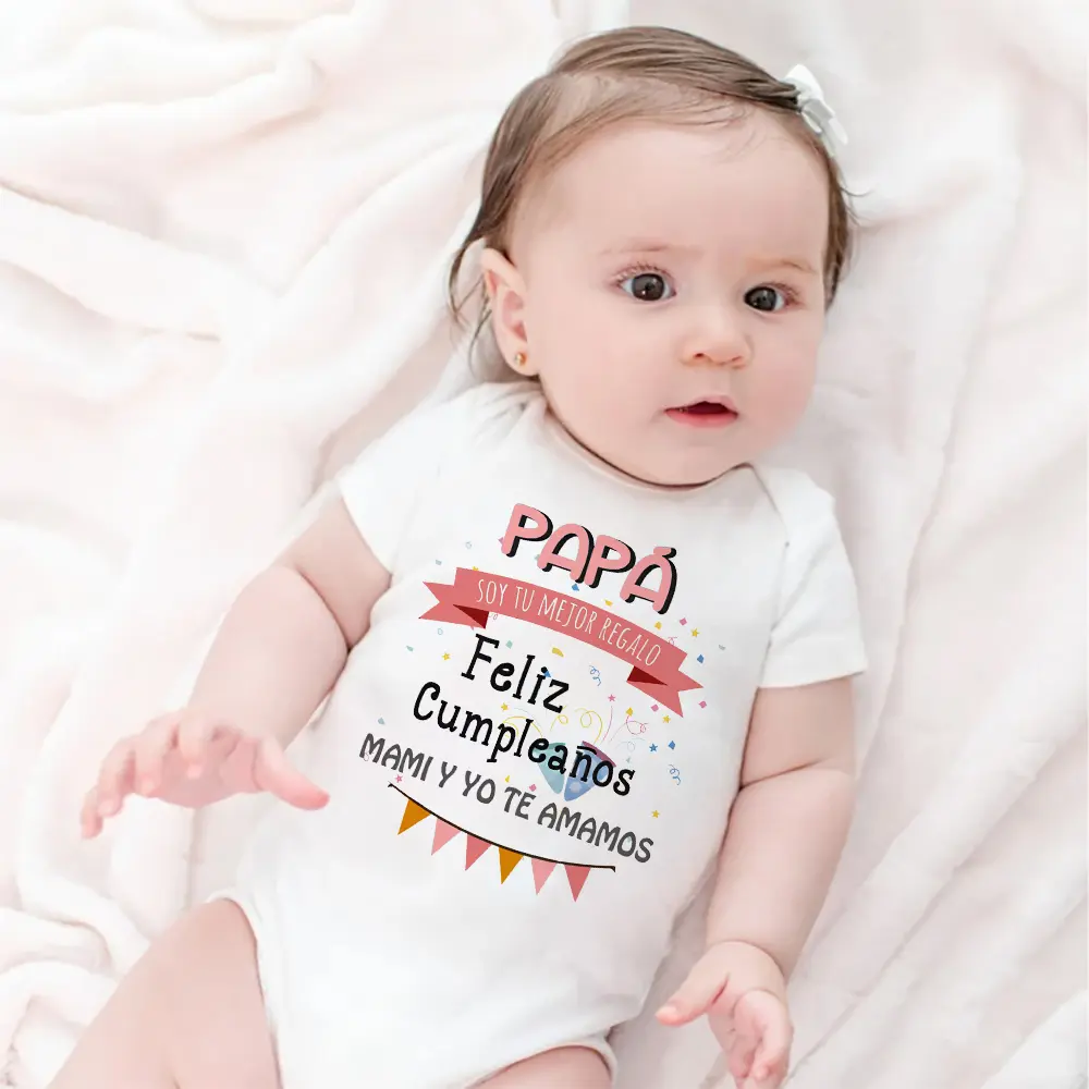 Unisex 100% Cotton Short Sleeve Letter Print Bodysuit Romper Outfit - Infant Newborn Sizes 0-3 Months, Funny "Happy Birthday Mommy"/"Daddy's Gift", Fast Diaper Snaps, Slight Stretch, Fitted, Skin-Friendly, All Seasons, Roomy Crotch, Machine Washable