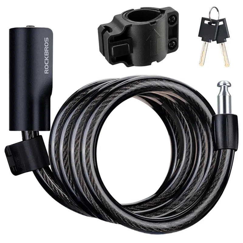 ROCKBROS Bike Cable Lock, 3.4ft Coiled Steel Security Cable, Cut-Resistant with ABS Shell, Includes 2 Keys and Mount Bracket, 3.4Ft Cable, Bike Security