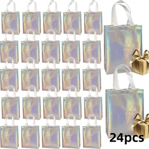 Set of 24 Holographic Silver Reusable Gift Bags With Handles,Iridescent Gift Bags Medium Size(8x4x10 inch),Ideal Goodie Bag for Birthday,Bachelorette Party Favors,Return Gift,Hand Tools Kits