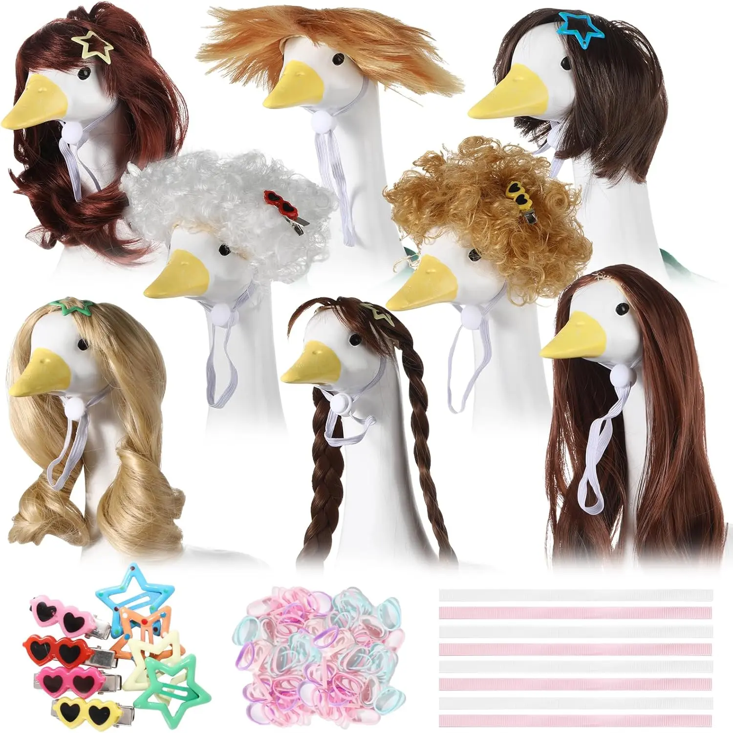 8 Piece Decorative Wig Accessory Kit for Lawn Goose Statues Braided Goose Wig with Matching Hair Clips Hair Bands and Ribbons DIY Styling Costume Supplies for Outdoor Garden Patio Yard Goose Decor