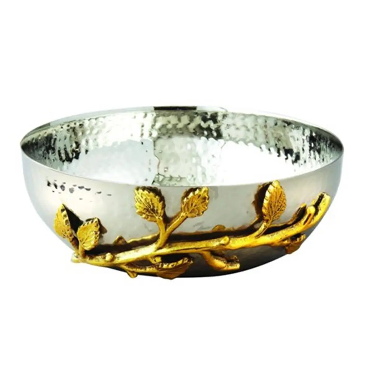 Hammered Edge 1-Piece Stainless Steel Salad Bowl - Elegance Gilt Leaf, Golden Vine, Nature-Inspired Silver & Gold Kitchen Tableware for Restaurant Use