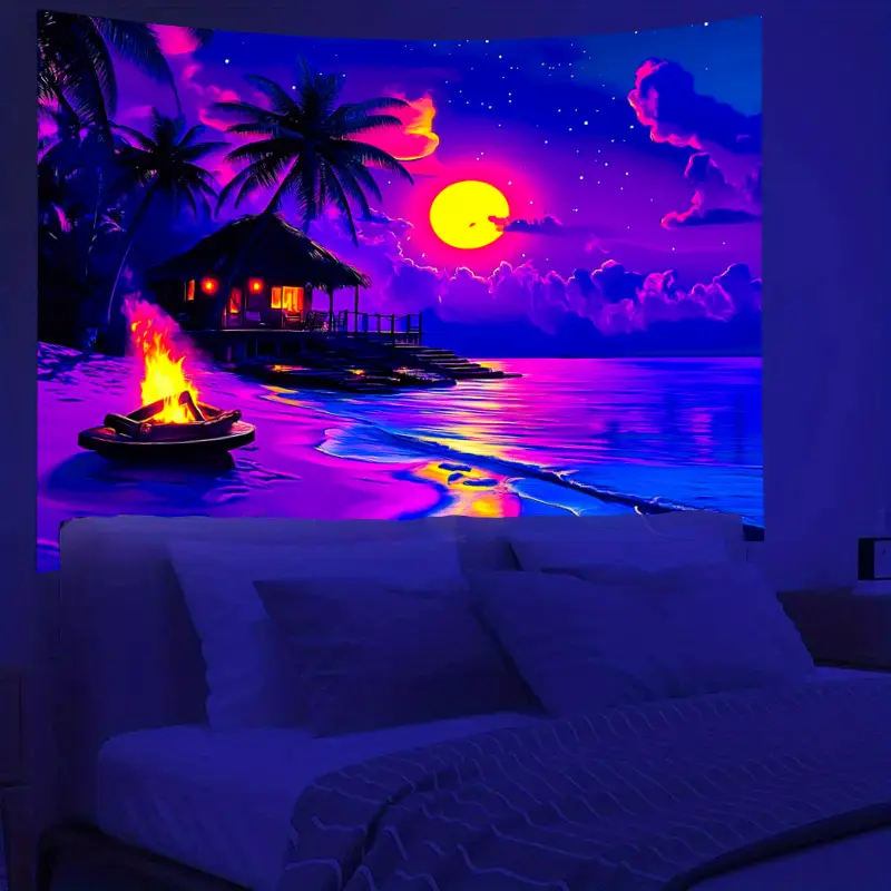 [Tropical Beach Tapestry] 1pc UV Reactive Synthetic Large Size Wall Hanging - 78.74x59.06in Palm Tree & Ocean Scene - Home Decor for Fluorescent Parties, Indoors