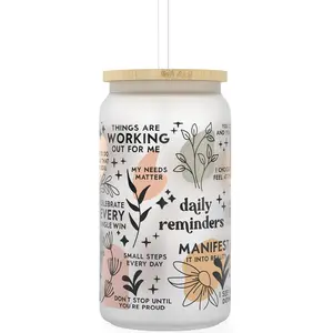 Daily Affirmation Iced Coffee Cup [Frosted], 16 oz Glass Cups with   and Straws |Mason Jar Drinking  Glass Tumbler with Straw and Lid | Boba Cup,  Can for Mental