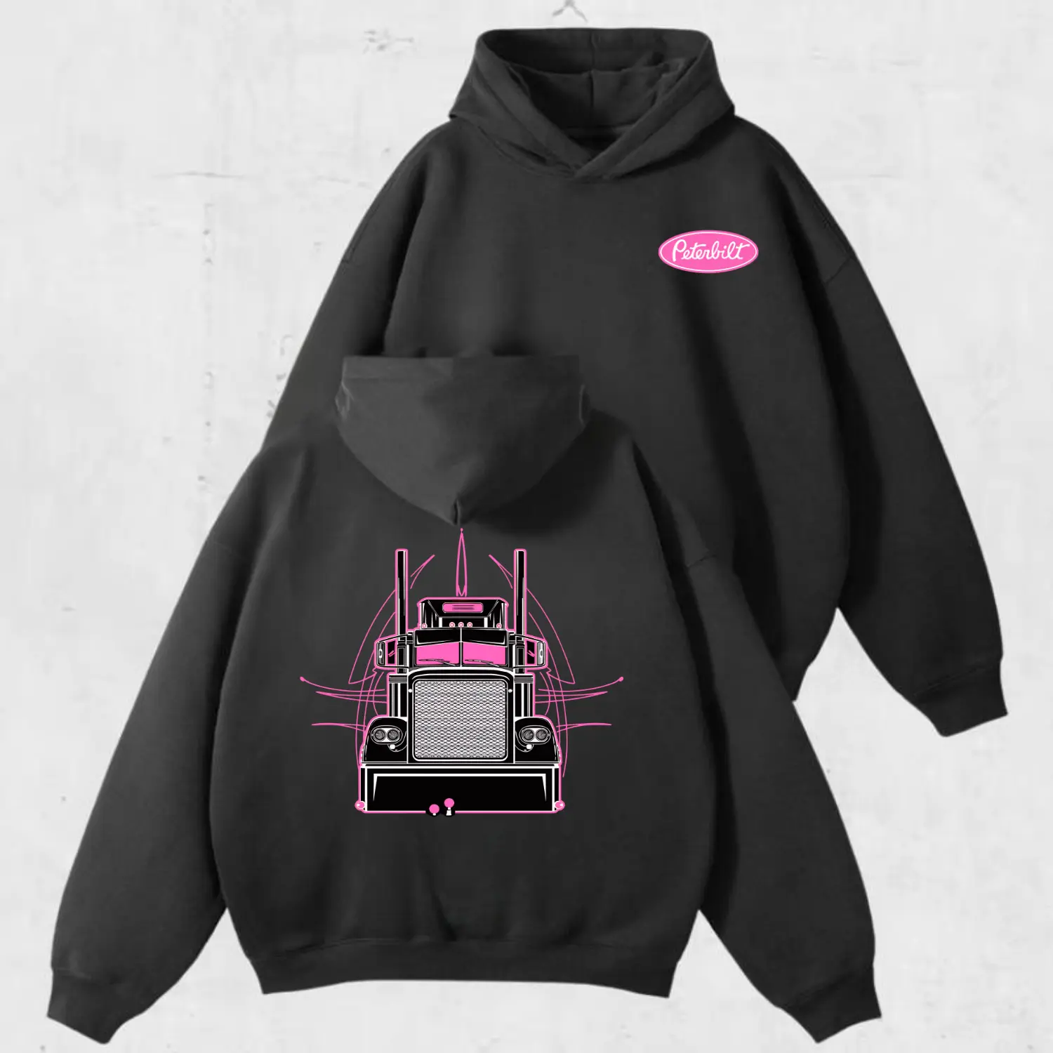 Peterbilt Pink Semi Truck 2side Hoodie – Vintage Orange Linework Semi Graphic Sweatshirt, Classic Pullover, Unisex Highway Hauler Outfit for Truck Fans, Gift For Men