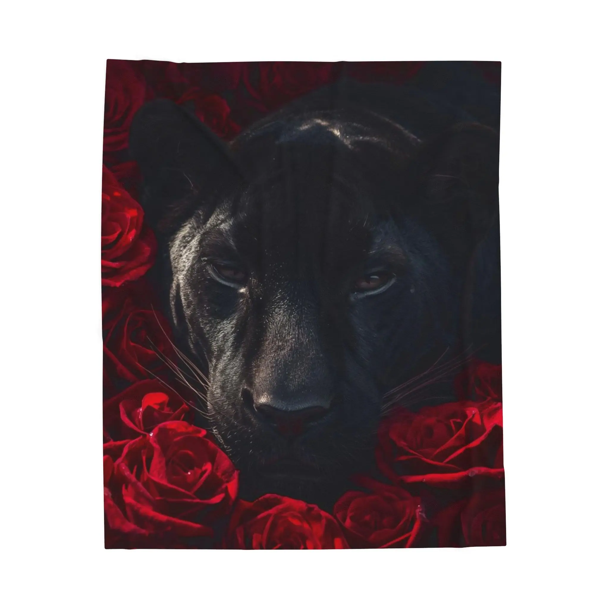Black Panther with Red Roses Velveteen Plush Blanket
