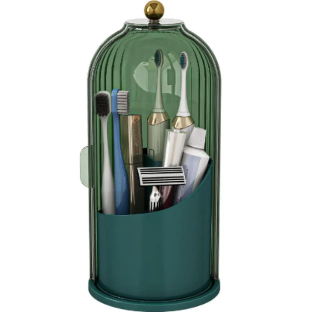Plastic Rotating Toothbrush Holder with Transparent Cover - Waterproof, Modern, Large-Cap, 4.8 in Diameter, 9.84 in Height, Glam Multi-Section Bathroom Organizer for Toothbrushes, Toothpaste, Cosmetics, Easy to Clean, Ideal for Small Spaces, Countertops