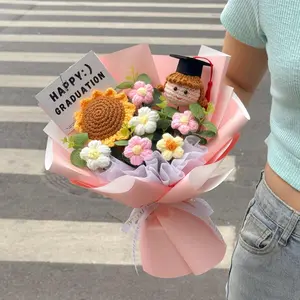 2-piece set, 1 flower + 1 greeting card, hand-knitted sunflower bouquet, Crochet sunflower bouquet - flower bouquet with greeting card. Suitable for graduation gifts, adult ceremony decorations, flower arrangements in homes and dormitor