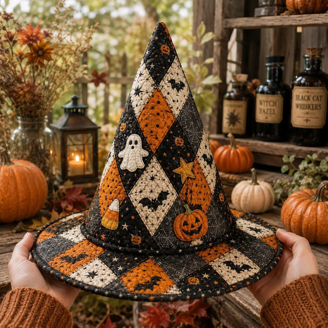 Halloween Quilted Witch Hat, Spooky Costume Hat, Orange Black Patchwork Wizard Hat, Ghost Pumpkin Fabric Hat, Witchy Halloween Accessory