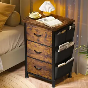 Raybee Furniture Nightstand with 3 Drawers, Night Stand for Bedroom, Bedside Table with Wooden Top, Sturdy Steel Frame End Table, Small Dresser for Bedroom, Living Room