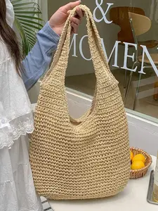 Style Straw Woven Hobo Bag, Handmade Hollow Out Shoulder Bag, Large Capacity Beach Bag, Casual Colorblock Design, All Seasons Use, Handwoven Shoulder Bag