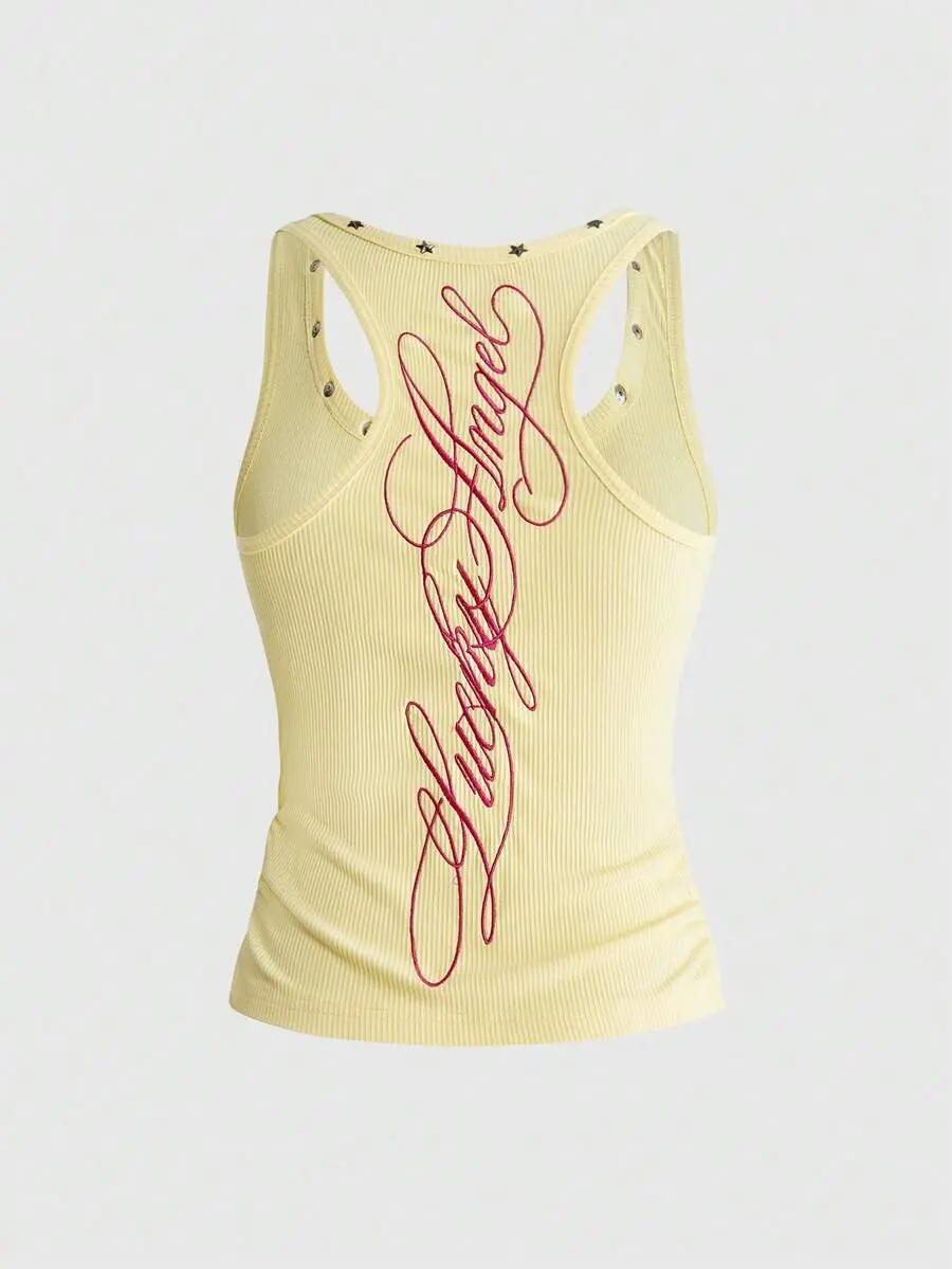 Fairycore Women's Vintage Music Festival Sexy All-Match Versatile English Logo Embroidered U-Neck Five-Point Star Studded Tank Top