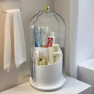 360° Rotating Dustproof Toothbrush Holder with Clear Cover, Electric Toothbrush & Toothpaste Organizer, Multi-functional Makeup Brush Vanity Storage for Bathroom Countertop
