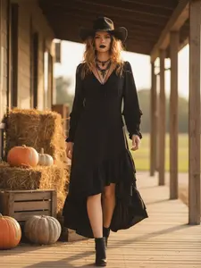 Women's Halloween Gothic Party Ruffle Mystery Witch Dress, Boho Style, Bohemian, Aesthetic, Ethnic Pattern, Short Slim-Fitting, Long Sleeve