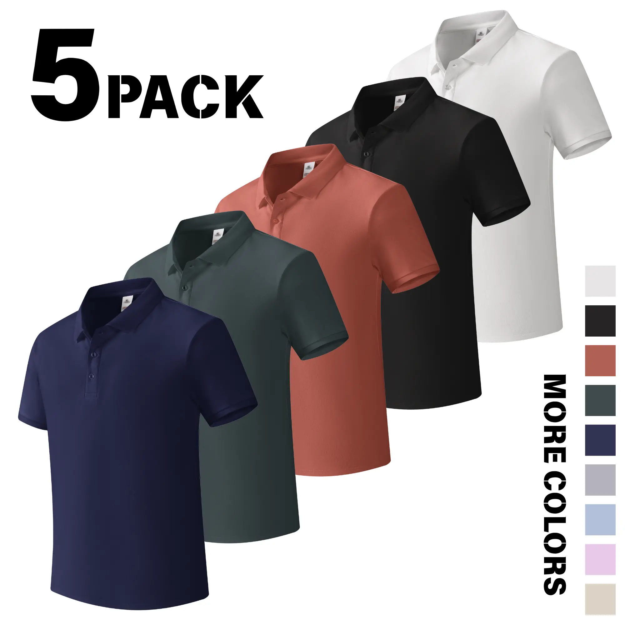 Men's 5-Pack Slim Fit Classic Polos with Contrast Collar Trim, Turn-Down Collar - Menswear Short-Sleeve, Skin-Friendly, Breathable, Wrinkle-Resistant Shirts for Business Casual, Everyday Wear, Light Blue Plain Top, Shortsleeve
