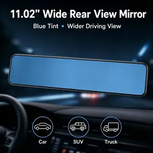 Universal blue anti-glare rearview mirror with new-style appearance, quick and non-destructive installation. Wide-angle interior mirror compatible with cars, trucks and SUVs, reduces blind spots and glare.