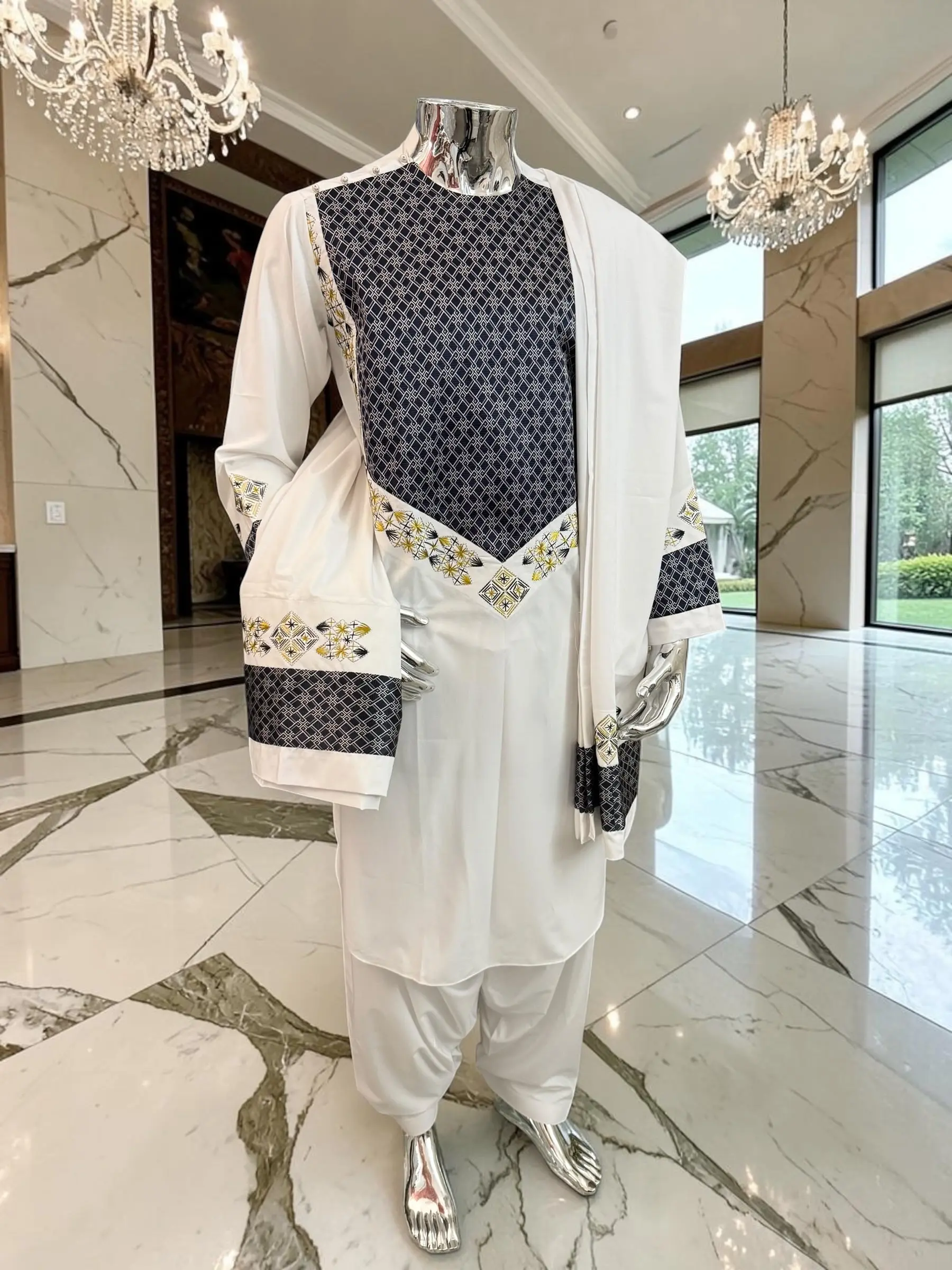 Large Off White Afghan Parahan Tunban Set – Premium Hand Embroidery Traditional Men’s Outfit with Matching Chadder Patto