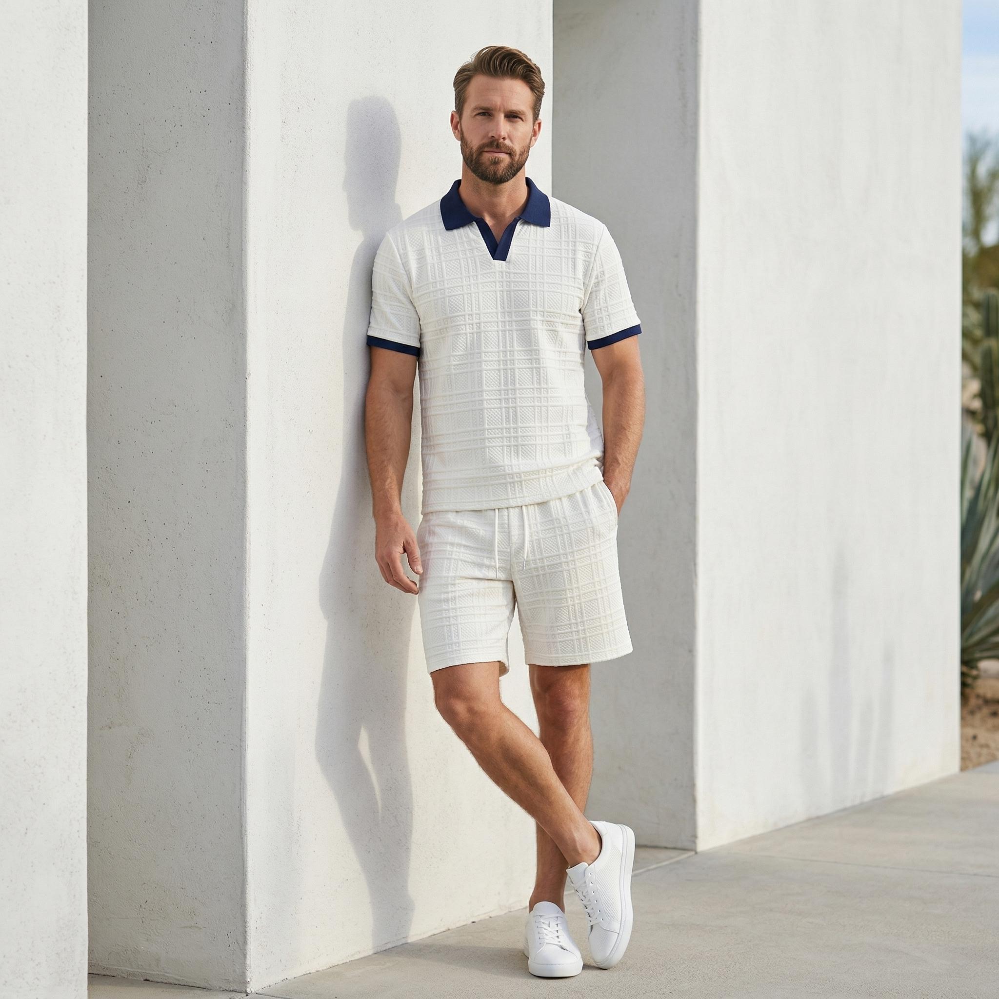 Men's Casual 2 Piece Set, Textured V Neck Short Sleeve Shirt & Shorts for Daily Wear