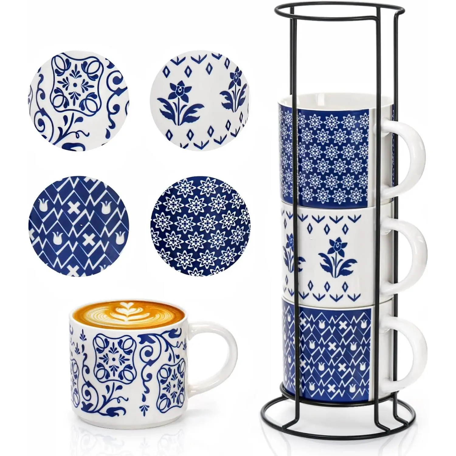 4 Pack Ceramic Coffee Mug Set with Rack, 16 OZ Stackable Cappuccino Cups with Metal Stand, Blue and White Porcelain  Mugs for Latte, , Milk, Hot Cocoa, Beverages, Microwave Safe