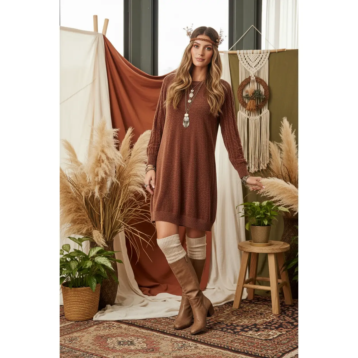 LuLaRoe Lauren Women's Casual Polyester Chenille Dress - Boxy Fit, Cable Knit Raglan Sleeves, Rib-Knit Neck, Cuffs, Side Slits, Solid Friar Brown, Chenille Fabric, Bottom, Sweater, Plain, Long Sleeve, Cable Knitted