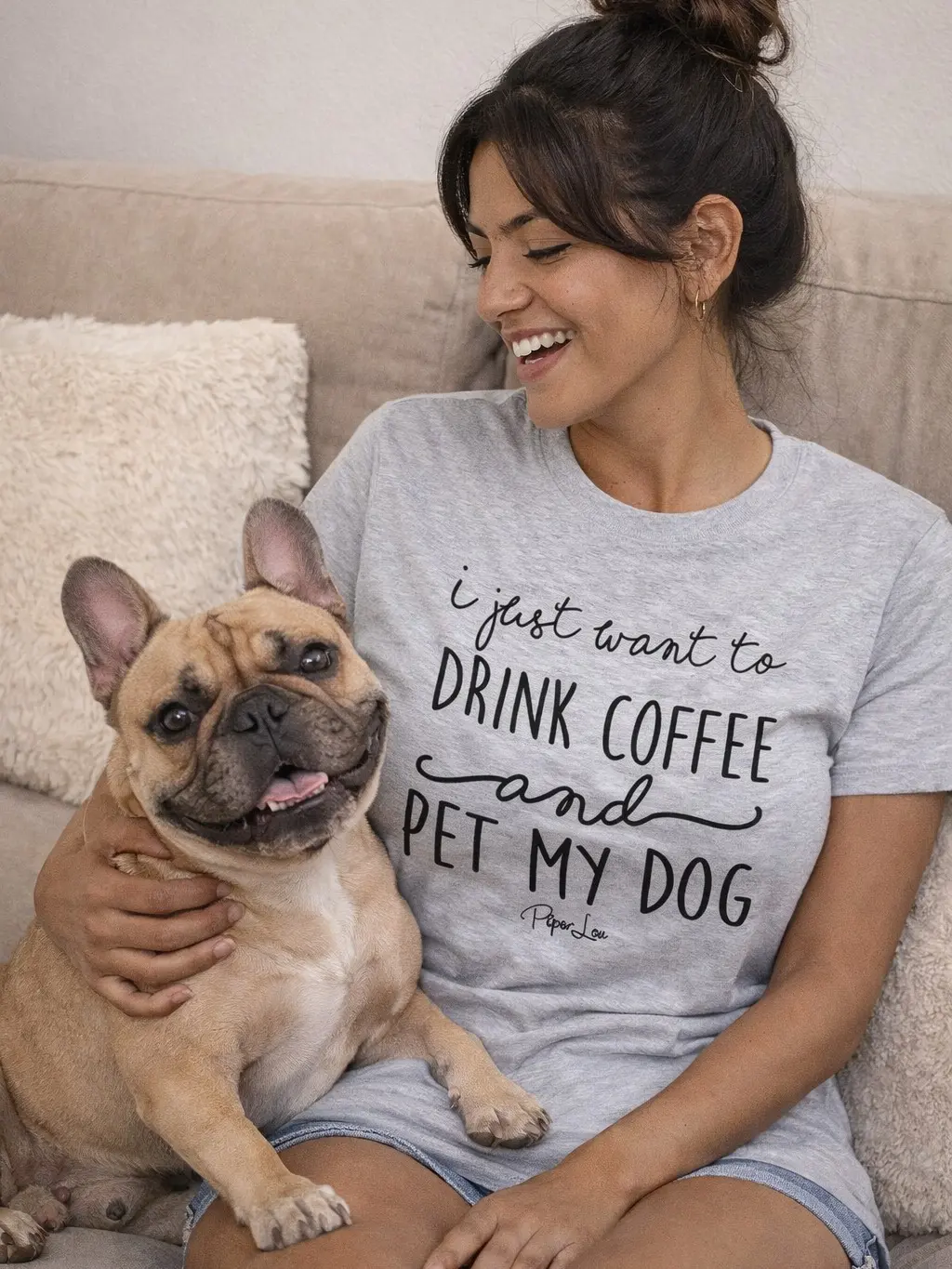 Women's Short-Sleeve Soft Cotton-Polyester Round Neck "I Just Want To Drink Coffee And Pet My Dog" Classic T-Shirt, Shortsleeve, Casual, Fabric, Top