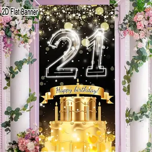 2D flat banner, 1pc21st Birthday Neon Party Backdrop, Glowing Gold Cake & Ribbon Banner Decor for 21st Birthday Celebration, Shiny Bokeh & Festive Elements Backgroundgalentines party decor, valentine day decor, decorations for valentines day
