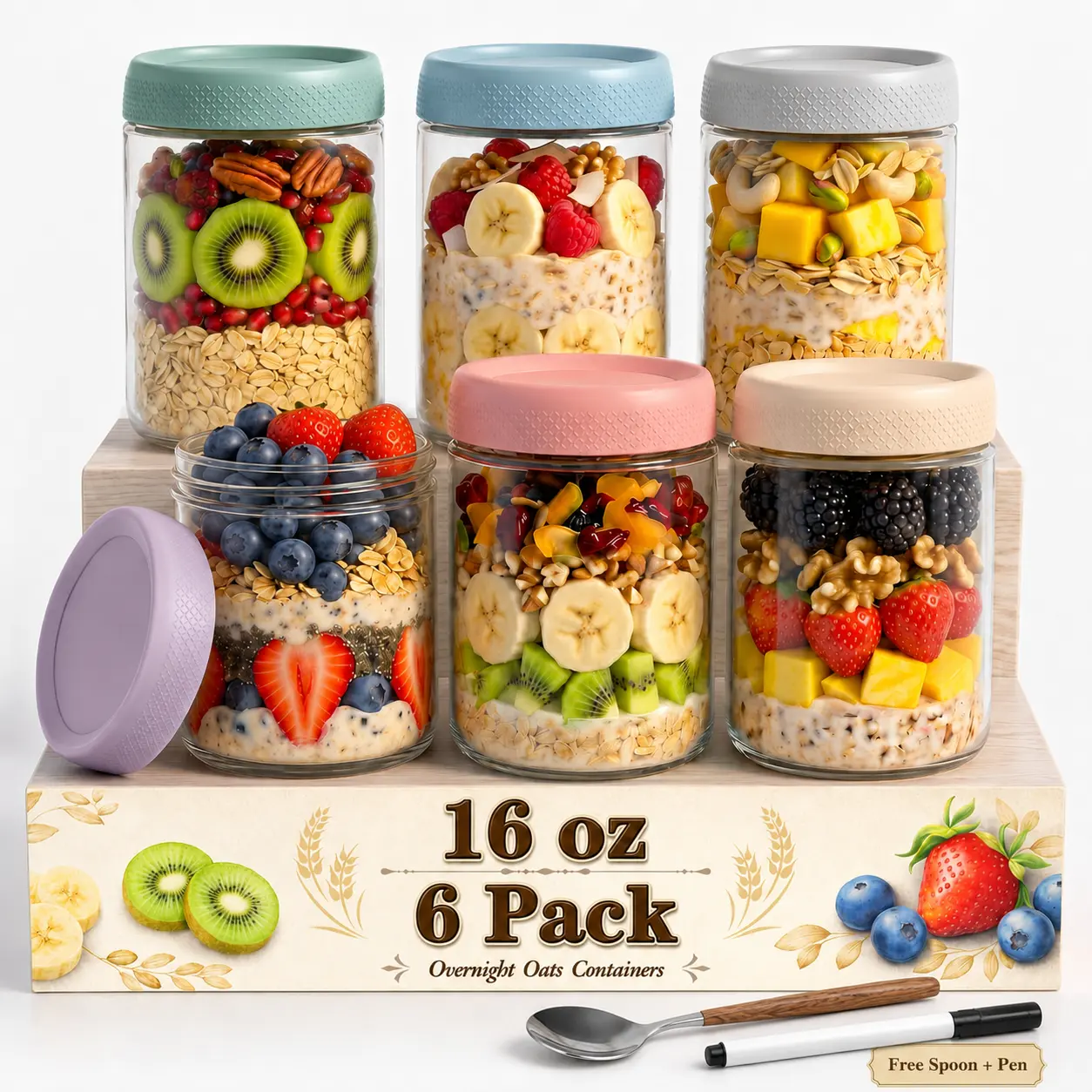 AISOON 6-Pack 16 oz Wide-Mouth BPA-Free Cylindrical Glass Overnight Oats Jars - Airtight Leakproof Anti-Leak Stackable Reusable Glass-Lidded Meal Prep Containers, Microwave-Safe Kitchen Preserving Jars for Yogurt, Snacks, Leakproof Kitchen Containers