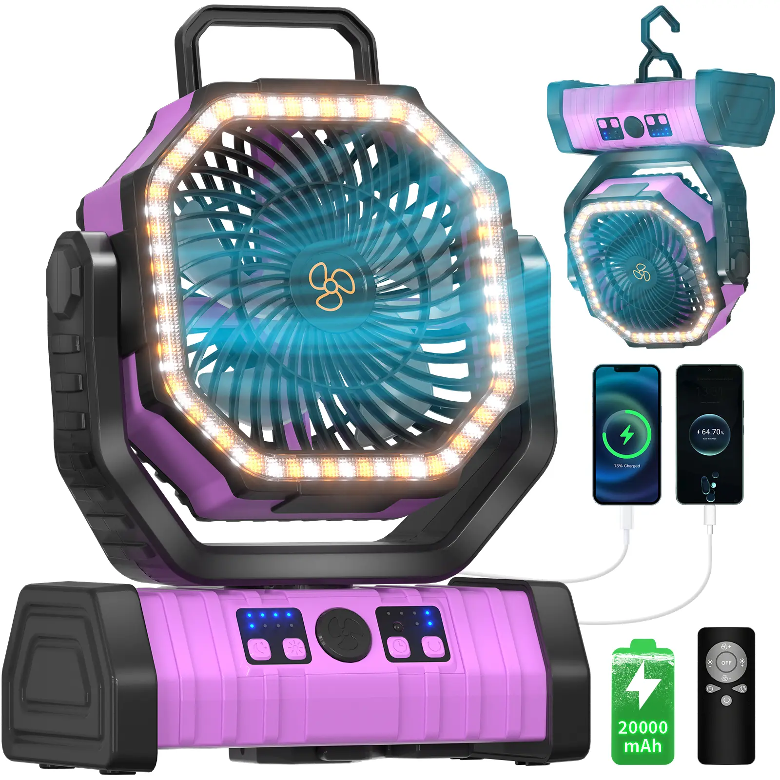 40000/20000 mah Rechargeable Camping Fan with LED Light, Portable Multi-functional Fan with 360° Rotating Hook, Oscillating Emergency Camping Fan Cordless Rotatable Battery Powered Lightweight