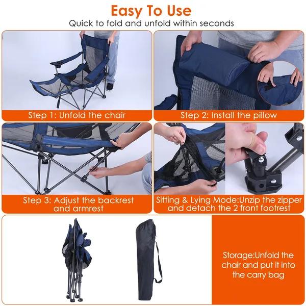 Foldable Camping Chair Collapsible Reclining Chair 330LBS Load Heavy Duty Steel Lawn Chair With Reclining Backrest Angle Cup Holder Pillow Side Pocket Carry Bag