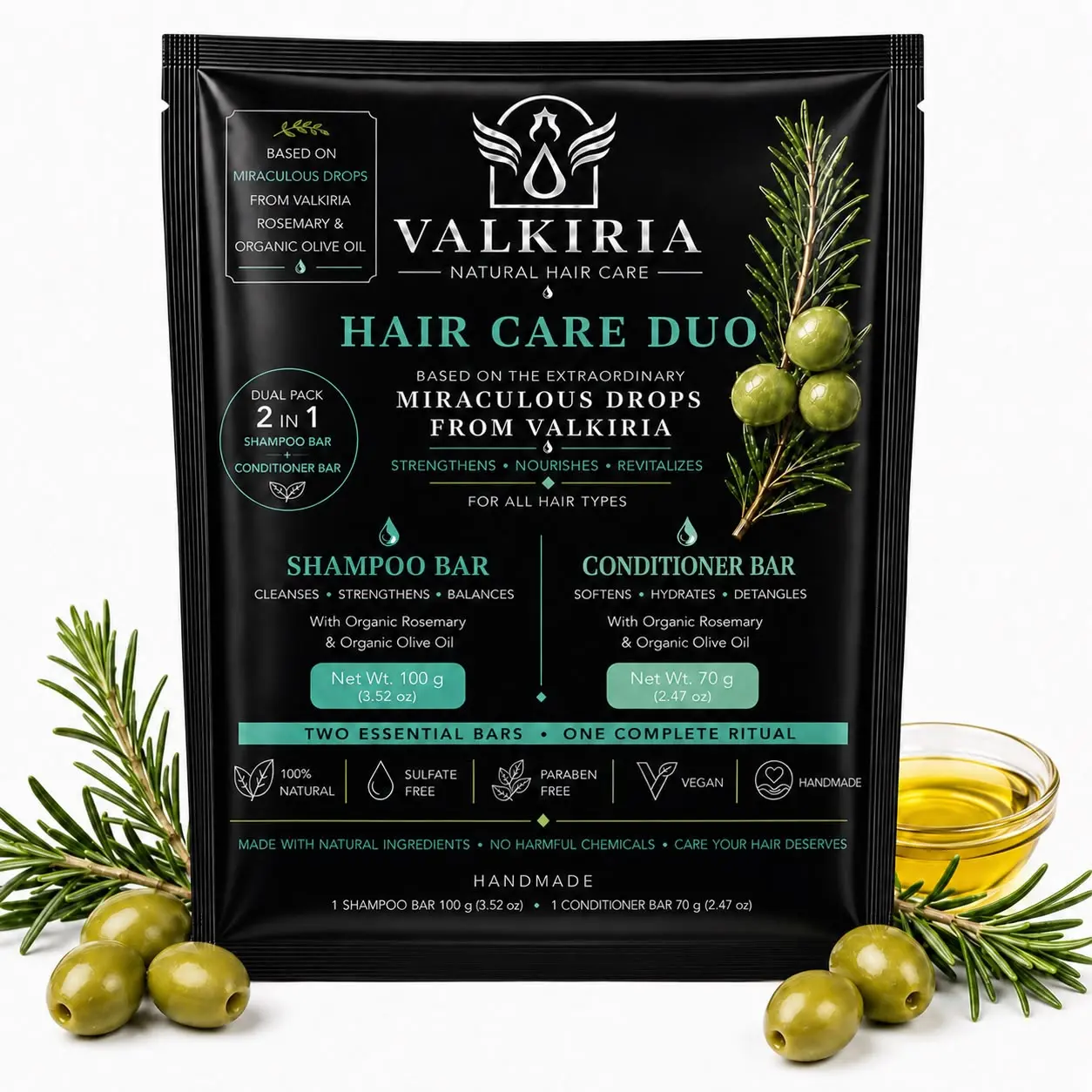 VK Gotas Sagradas Shampoo 100g  & conditioner 70g Duo  Bar with Organic Ingredients, Essential Oils & Plant Extracts – Natural Moisturizing Hair Care & Cleansing – 100g  & 80G  – Made in USA