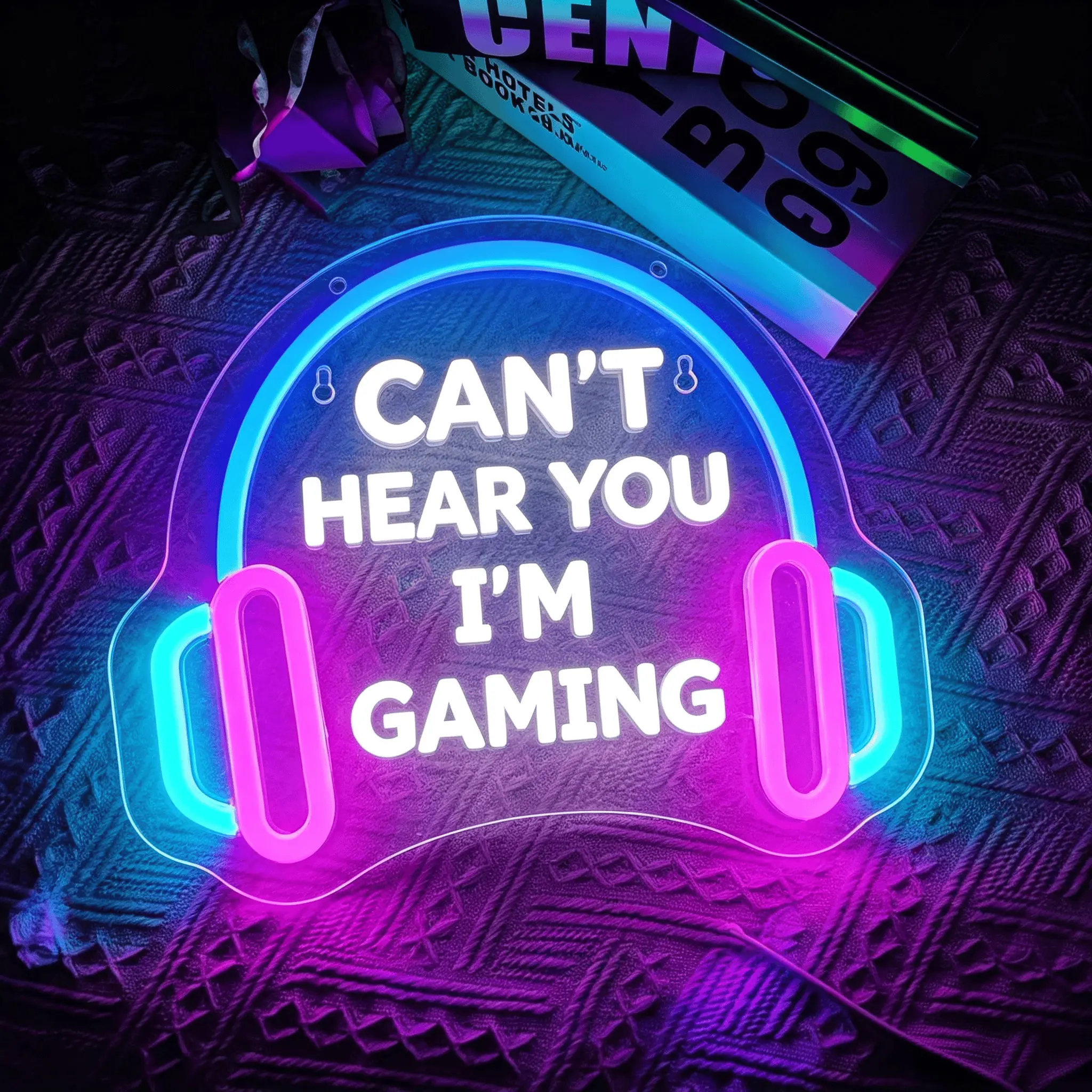 "Can't Hear You I'm Gaming" Gameming Neon Sign, Purple Blue LED Gaming Neon Light, USB Powered Dimmable Neon Wall Decor for Gamer Room, Bedroom, Man Cave, 25.7x23cm,wall decoration, suitable for theater, men's bedroom, game area, birthday gift for gamers.