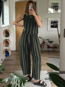 Women's Summer New Cotton Striped Set, Sleeveless Crop Top & Wide Leg Pants, Casual Loose Fit, Beach Travel Vacation Wear