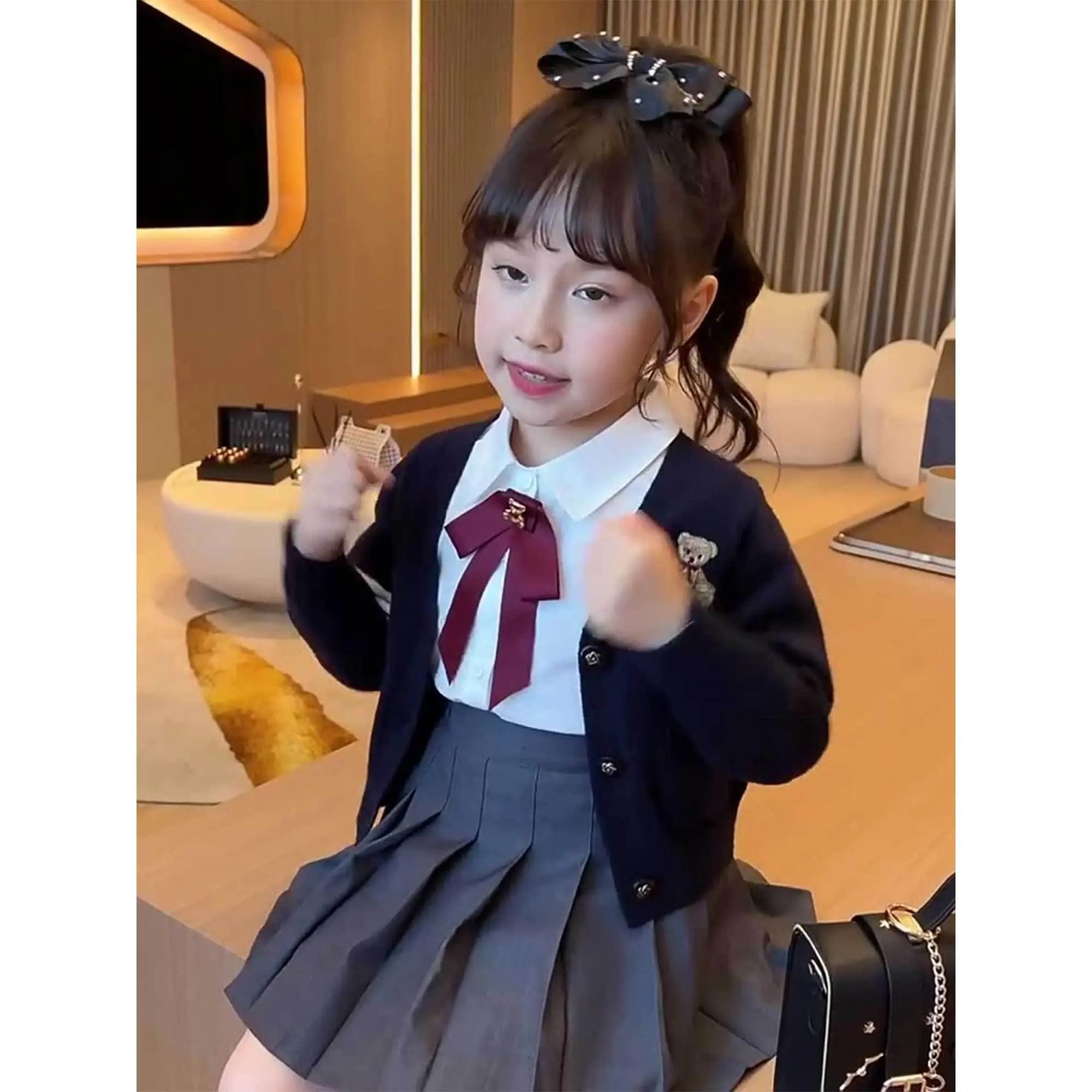 Girls' British 3pcs Set:-Embroidered Cardigan, White Shirt Collar Inner Top & Pleated Skirt with Wine Red Bow Tie - JK Uniform Outfit School, Casual & Casual Attire|  /Fall Season, Non-Stretch, Classic Fit