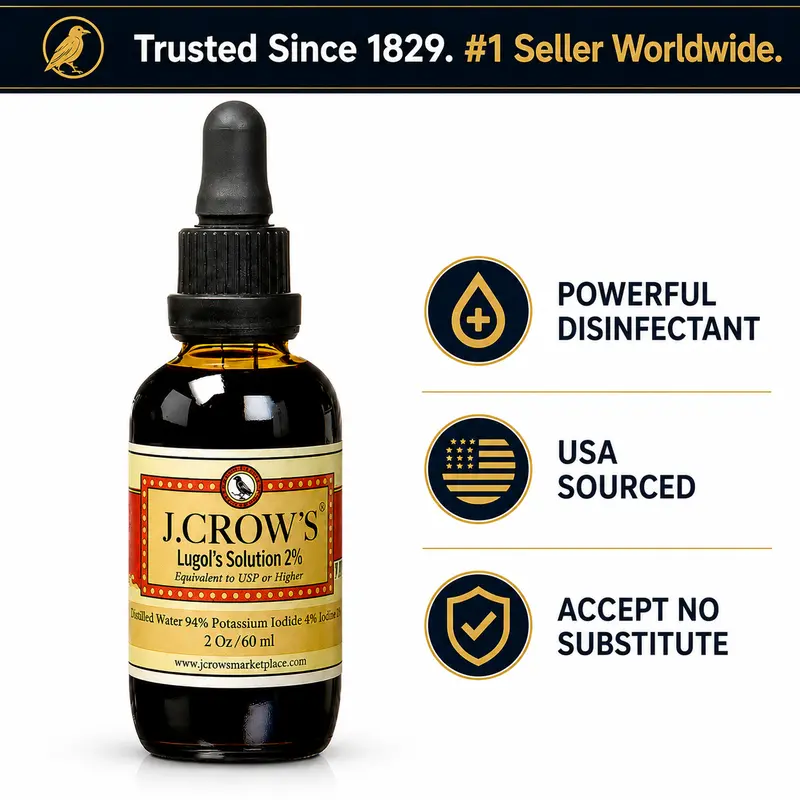 J.CROW'S Lugol's Solution of Iodine 2% – Premium Iodine & Potassium Iodide Liquid, Gluten &, Alcohol-Free Natural Brine Extract, No Expiration for Water Purification